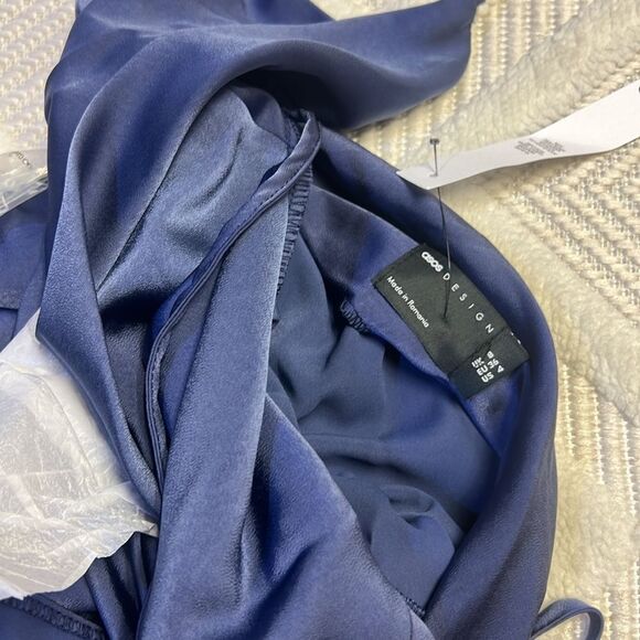 ASOS DESIGN drape front midi slip dress with wrap skirt in blue - Picture 8 of 8